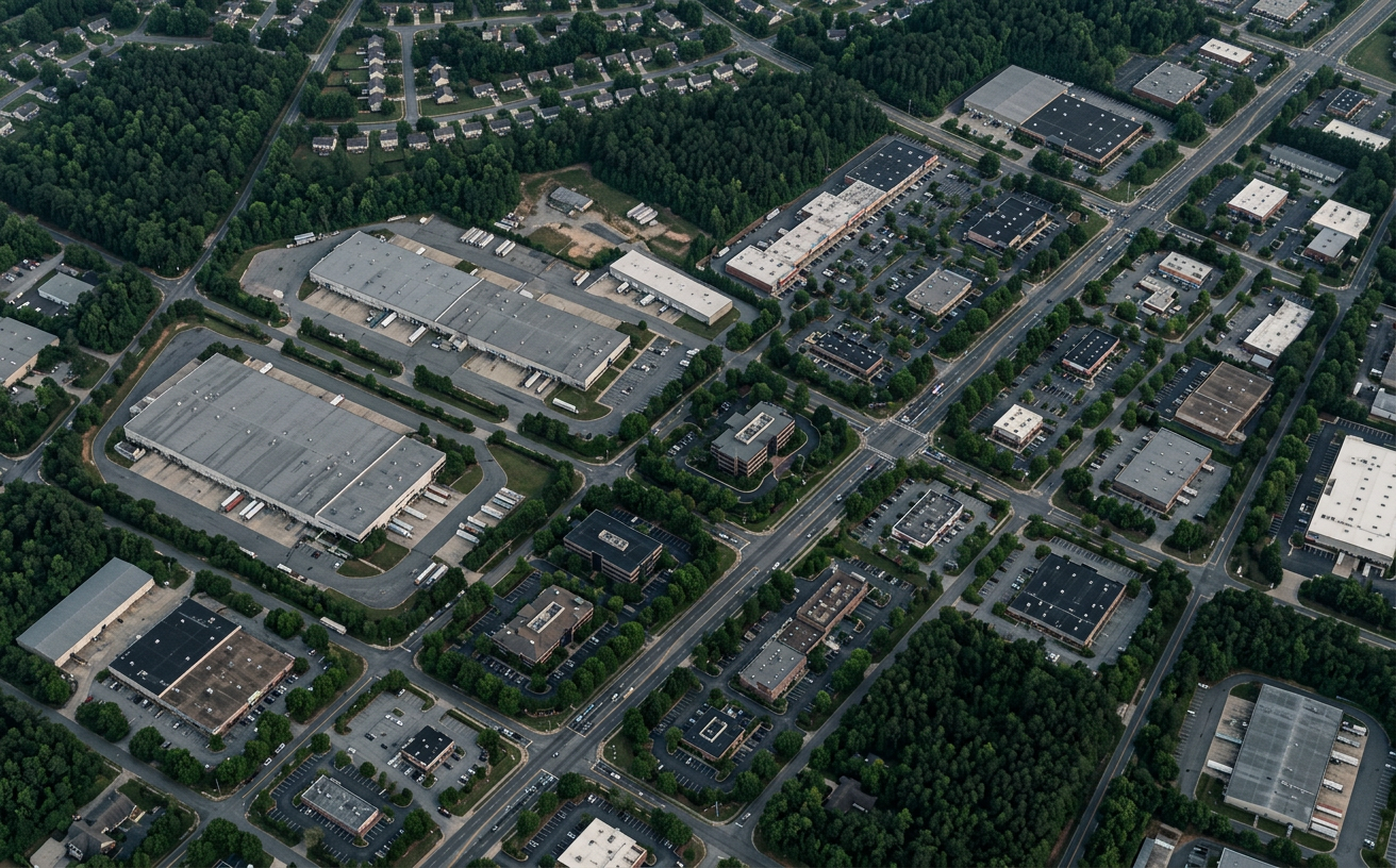 Generated aerial image of a commercial and light-industrial district with warehouses and parking lots