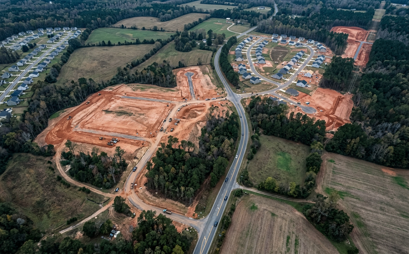 Generated aerial image of cleared, developable land beside a new subdivision